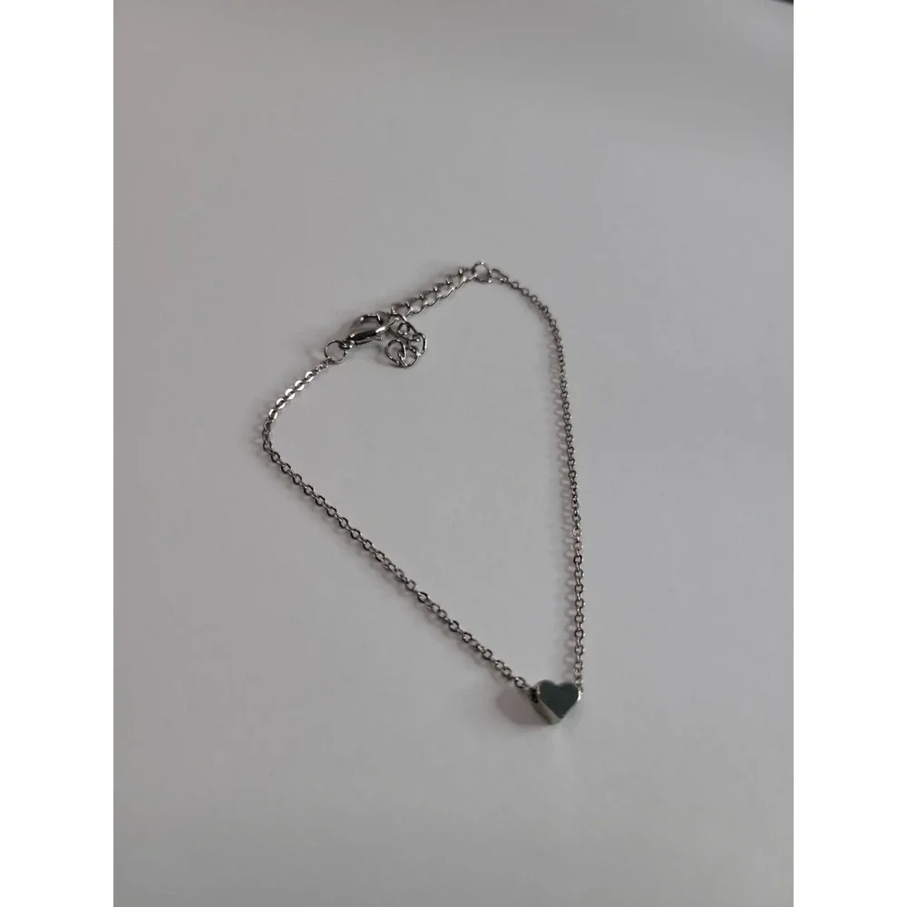 Silver-Tone Dainty Heart Charm Chain Bracelet or Anklet Adjustable Minimalist
